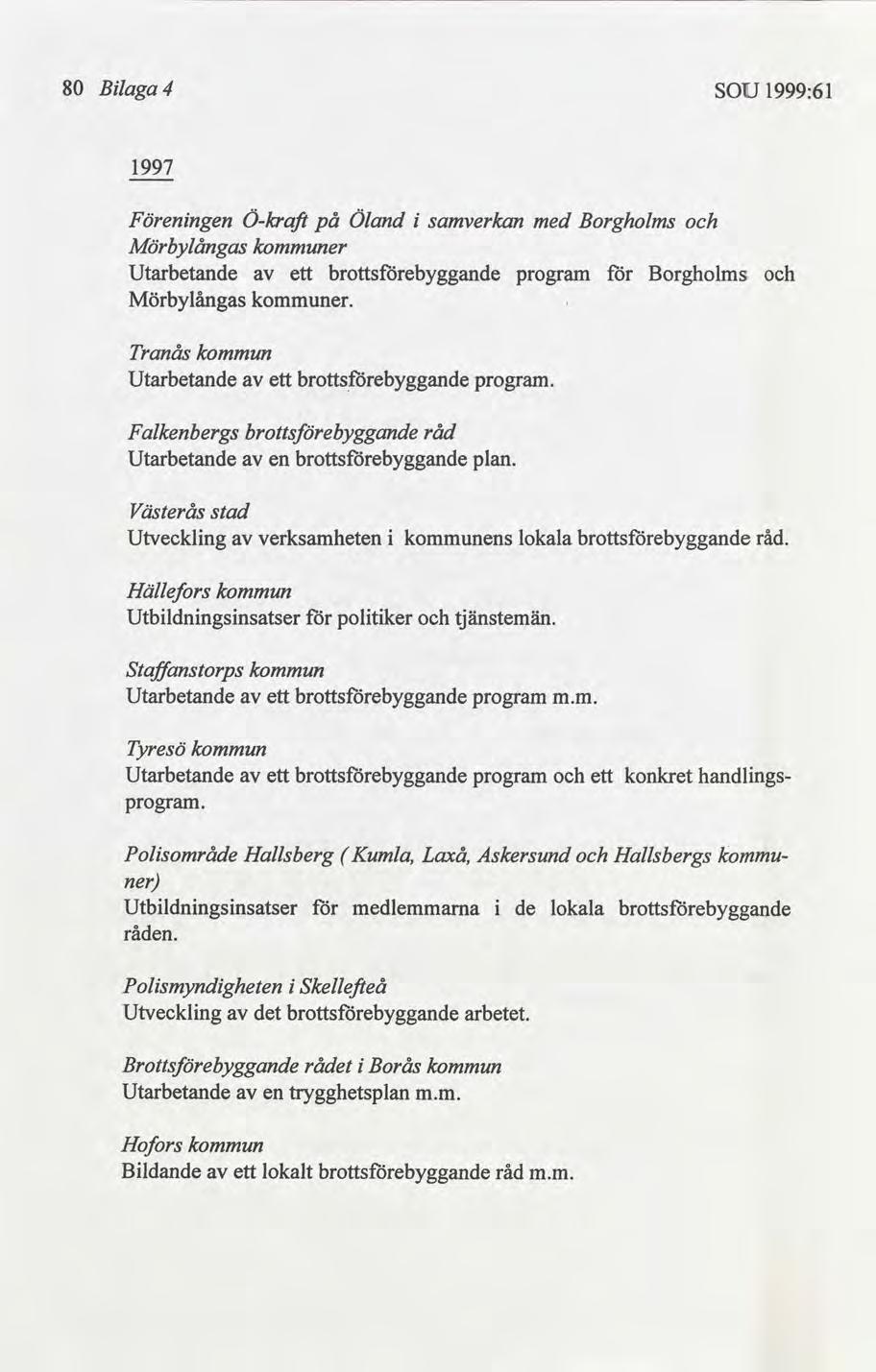 80 Blaga 4 SOU 1999:61 1997 Förenngen Ö-kraft på Öland samverkan med Borgholms Mörbylångas er Utarbetande ett program Borgholms Mörbylångas er.. Tranås Utarbetande ett program.