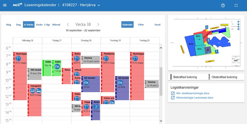 Om kalendervyn Externa användare kan få utökad behörighet på förfrågan, ex bekräfta bokningar, aviseringar m.m. Meny med projektinställningar Klicka på NCC Lossningskalender för att komma till startsidan/hem Projektväljaren Filtrera bland bokningar eller exportera bokningar till Excel för att följa upp.