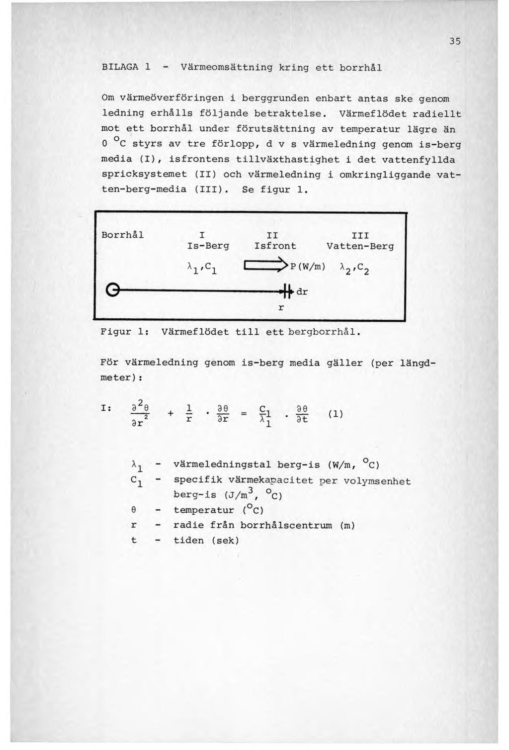 35 BILAGA 1 - Värmeomsättning kring ett borrhål Om värmeöverföringen i berggrunden enbart antas ske genom ledning erhålls följande betraktelse.