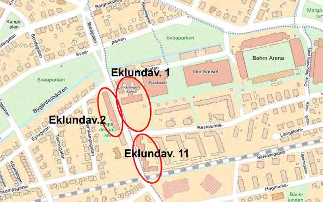 Karta över Eklundavägen 1, 2 och 11 i Örebro För att tillskapa ett mer tillgängligt och representativt entréförhållande föreslås en tillbyggnad framför nuvarande entré.