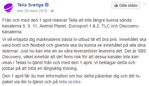 Telias bemötande kommentarer. Då flest klagomål återfanns i samband med Facebookuppdateringen den 30 mars 2015, samlades all data in från detta tillfälle.