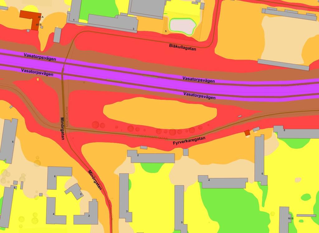 Planområdet är bullerutsatt från samtliga omgivande gator och överskrider gränsvärdet för trafikbuller vid fasad inom stora delar av planområdet enligt kommunens kartering från 2016.