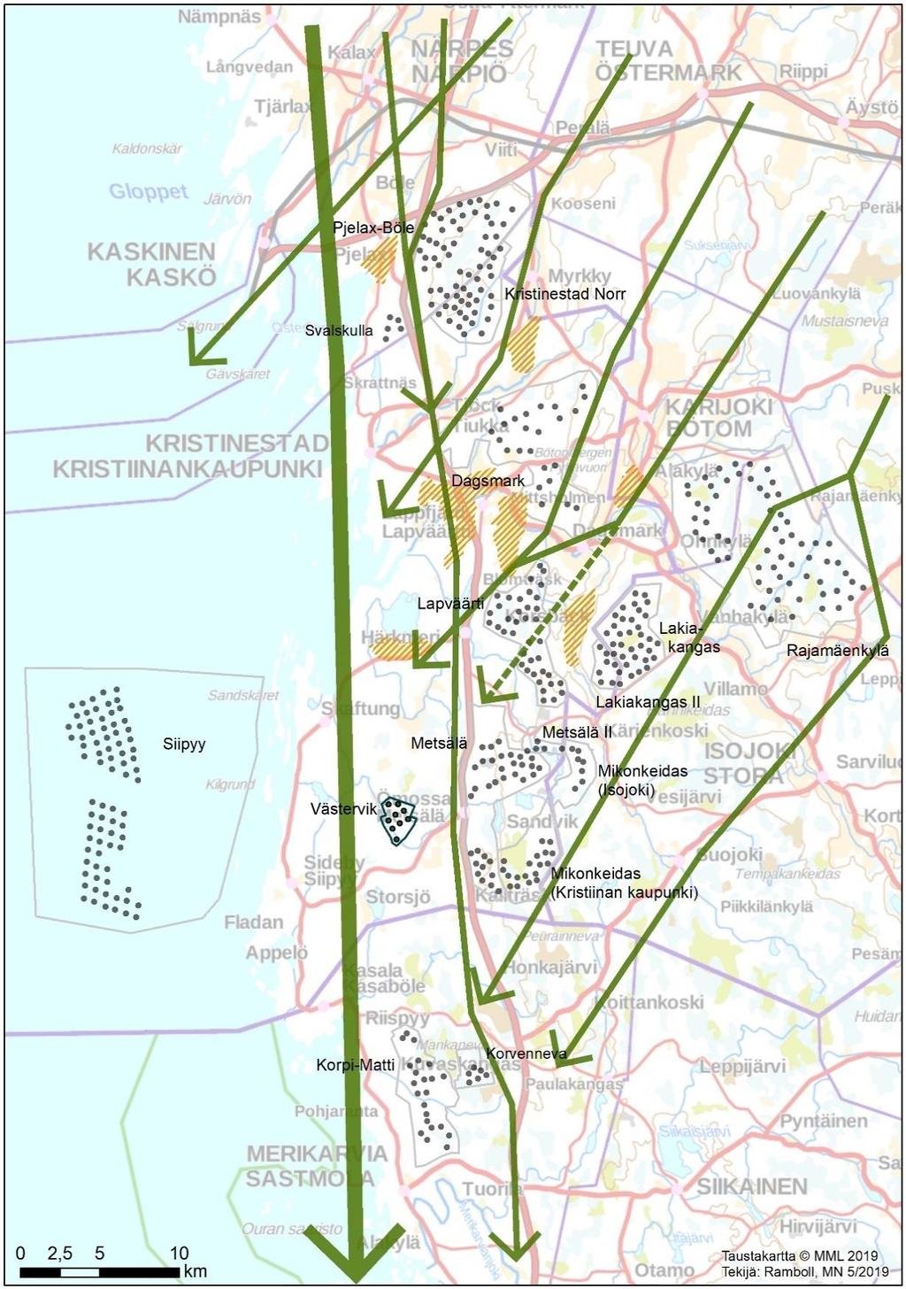 DELGENERALPLAN FÖR KRISTINESTAD NORR VINDKRAFTSPARK - PLANBESKRIVNING 1-34 Bild 21. Skisserade höstflyttstråk och rastområden.