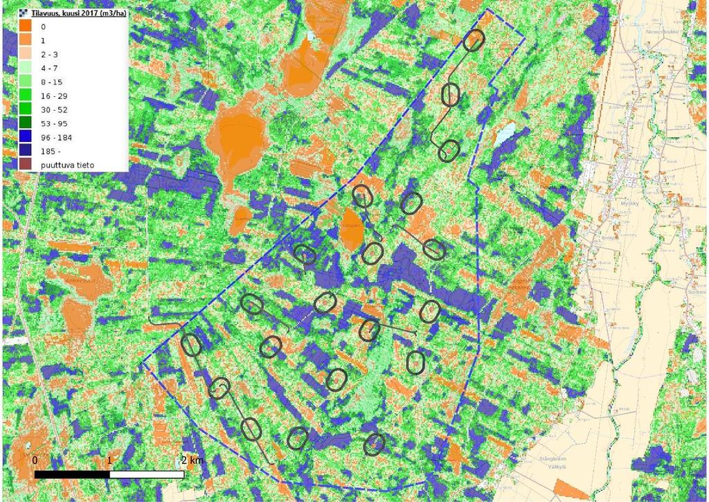 Planförslagets kraftverk och vägar i förhållande till skogens