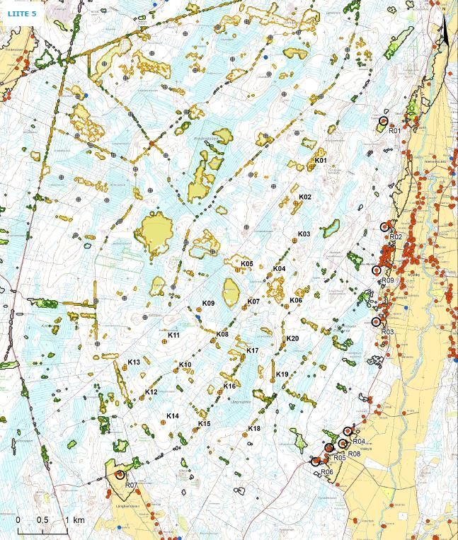 DELGENERALPLAN FÖR KRISTINESTAD NORR VINDKRAFTSPARK - PLANBESKRIVNING 1-55 Bild 47. Skuggsimulering med trädbeståndet beaktat - Kristinestad Norr (numrerade vkv), Pjelax- Böle, Svalskulla.