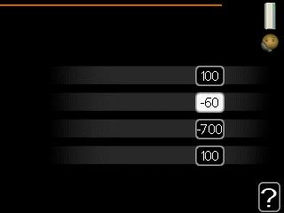 aktuellt värde Inställningsområde: -3000 3000 start kompressor Inställningsområde: -1000-30 Fabriksinställning: -60 startdifferens tillsats Inställningsområde: 100 1000 Fabriksinställning: 700 diff.