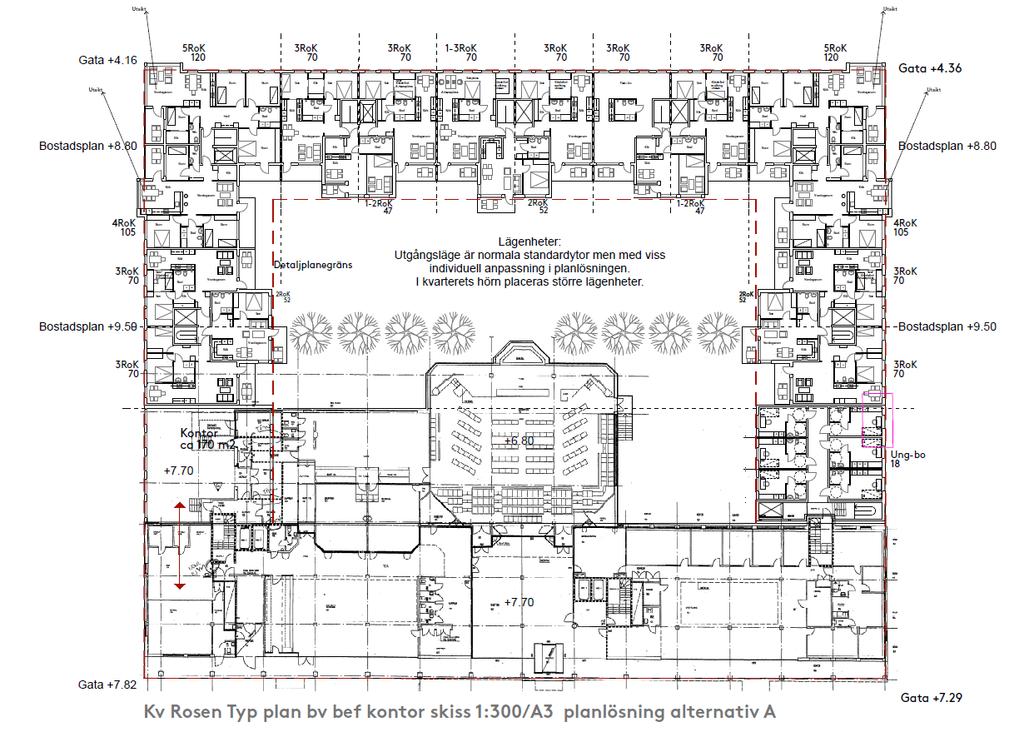 15(22) 4.4 Bebyggelse Arbetet med att ta fram skisser på hur en framtida bebyggelse skulle kunna utformas har gjorts av ÅWL-Arkitekter, för Hyresbostäders projektering.