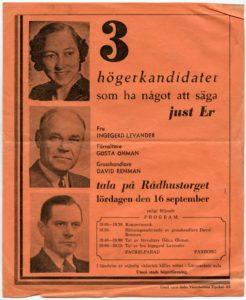 Valaffisch, 1950. Parallellt med det politiska arbetet, samt arbetet med att driva Umeå tjärexport AB, satt Ingegerd Levander med i styrelsen för flera andra föreningar och bolag.