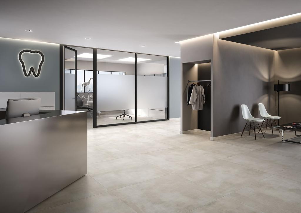 Large-format wall and floor concept in subtle, shaded vilbostone porcelain stoneware with vilbostoneplus seal 4 colours:, greige, grey, anthracite Formats 45 x 45 cm, 30 x 60 cm, 60 x 60 cm, 40 x 80