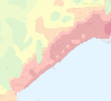 Strandmiljön i sig är värdefull med blottade, exponerade ytor som är miljöer för den primära torrmarksfaunan. Bild 16. Rosa = ej fastmark, grönt = fastmark.