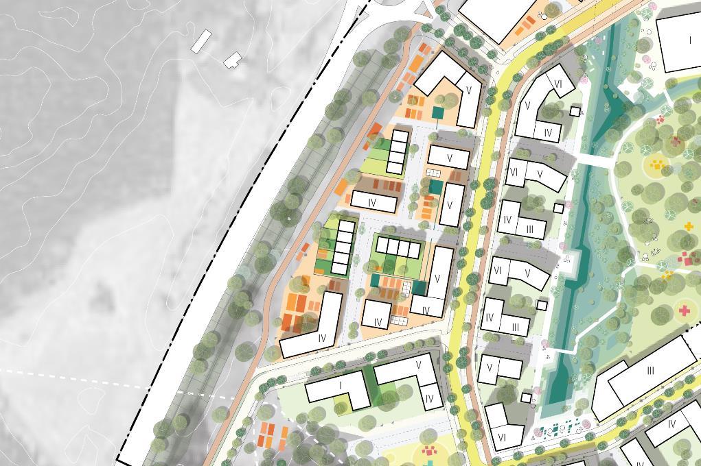 Inom kvarteren möjliggörs för bostäder i flerbostadshus i upp till 6 våningar (högsta nockhöjd 19,0 m samt 22,0 m). parkstråk längs Norrleden.