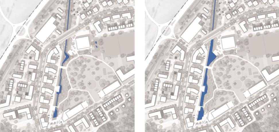 Vattennivån i vattenparken varierar efter årstid och mängden nederbörd: Genom att implementera föreslagna åtgärder kan dagvattnet fördröjas och renas enligt Västerås stads krav på dagvatten.