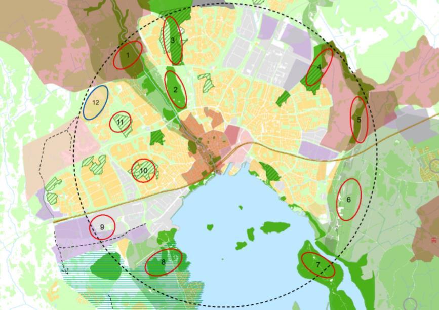 8. Johannisberg: Mycket värdefullt grönområde utpekat i Grönstrukturplanen och ÖP 2026, av stor vikt för rekreation och naturvård. Område där utveckling av turism och friluftsliv prioriteras. 9.