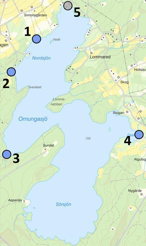 Material och metoder Mätningar av fosfater Vattenprover samlades in från fyra tillflöden till sjön och utflödet (figur 1). Vid varje provtagningsplats togs fem vattenprover.