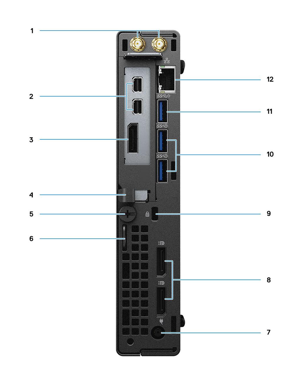 1. External antenna connectors 2. Mini DisplayPort (2) (With Radeon RX 640) 3. DisplayPort 1.4 (With Radeon RX 640) 4. Cable holder 5. Thumbscrew 6. Padlock ring 7. Power connector port 8.