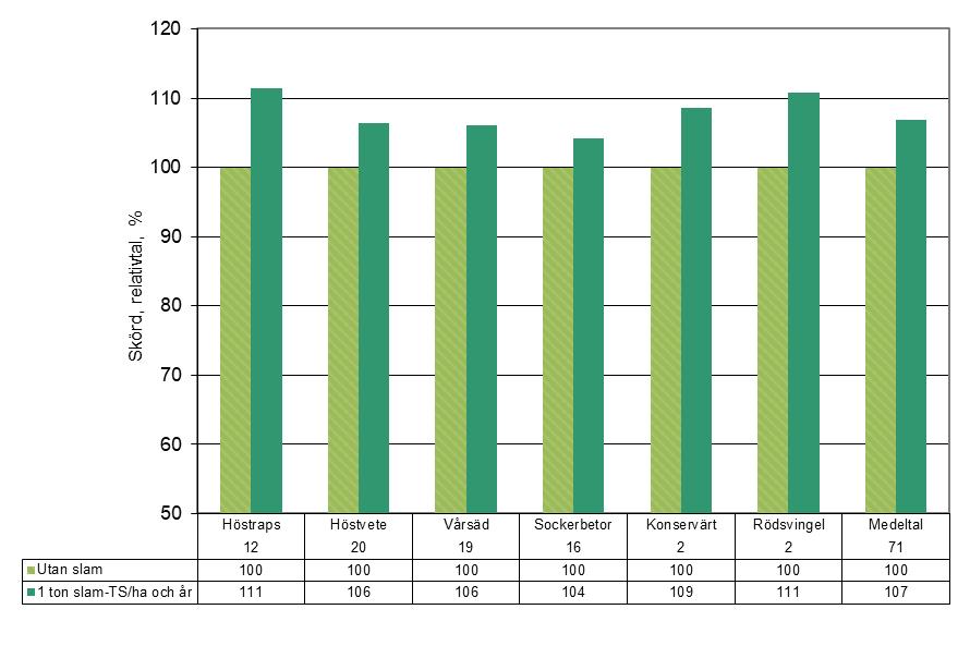 4.1.8. Skördar och ekonomiskt utfall Alla grödor uppvisar en skördeökning med slamtillförsel (Figur 7-12).