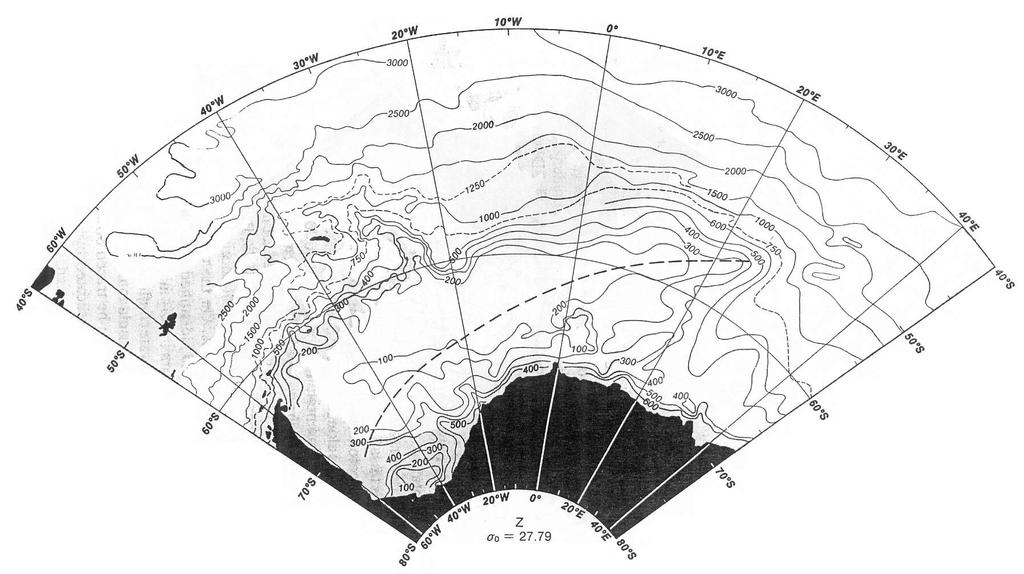 15 Figur 2.13: Djupet för täthetsytan σθ = 27,79 kg/m3. Den streckade linjen representerar axeln för Weddellvirveln. (ur Orsi et al.