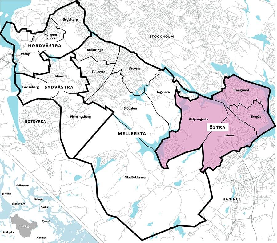 10 (41) Östra Huddinge I Östra Huddinge finns idag 5 kommunala grundskolor som mellan åren 2020-2022 beräknas omfatta ca 2 754 elevplatser baserat på 27 elever/klass och en fristående grundskola med