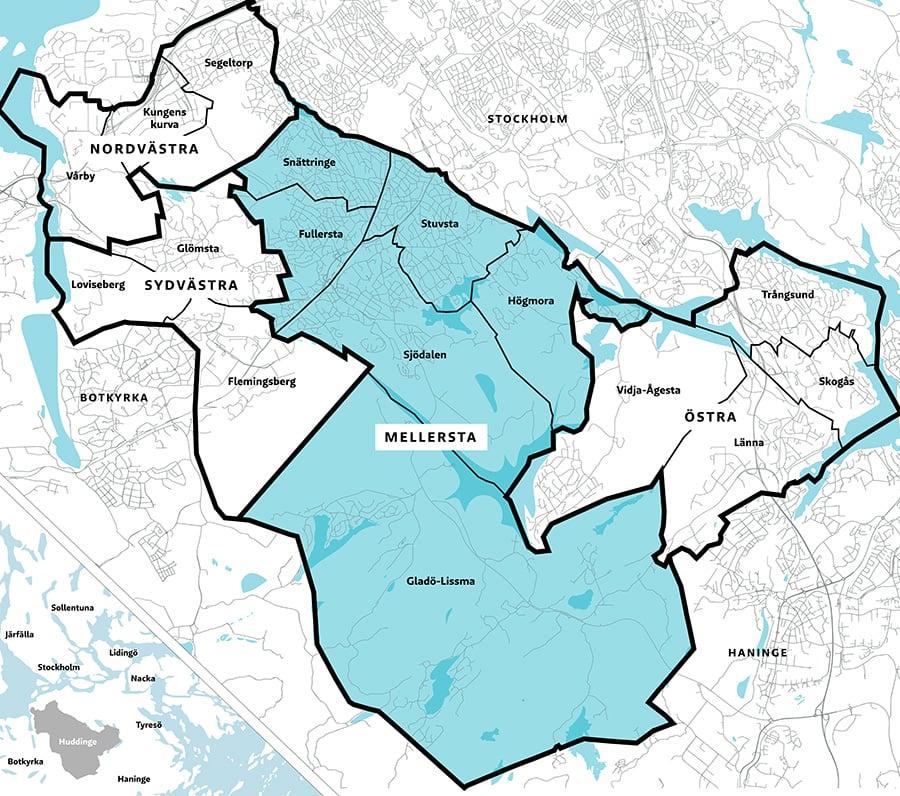 25 (41) Mellersta Huddinge Nuläge och planering Mellersta Huddinge 2020-2022 I Mellersta Huddinge finns 14 kommunala grundskolor med totalt 5 604 elevplatser baserat på 27 elever/klass och en