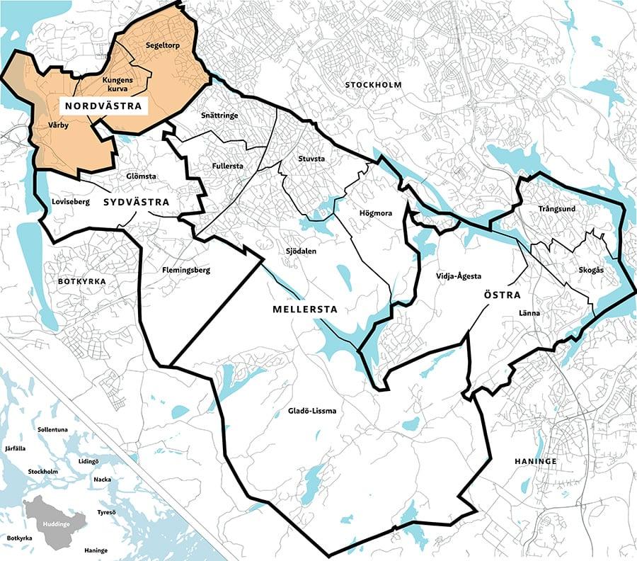 36 (41) Nordvästra Huddinge Nuläge och planering Nordvästra Huddinge 2019-2021 I Nordvästra Huddinge finns idag 6 kommunala grundskolor och två fristående grundskolor.