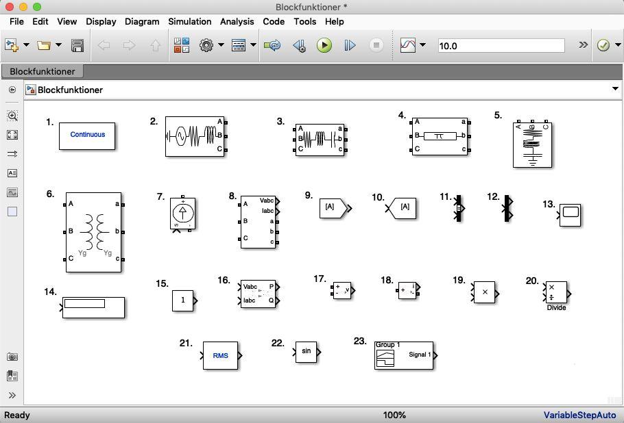 3.2.2 Tillämpade blockfunktioner 1. Powergui. Är ett funktionsblock som anger hur programmet skall utföra beräkningarna. 2. Three-Phase Source. Spänningsstyv spänningskälla.