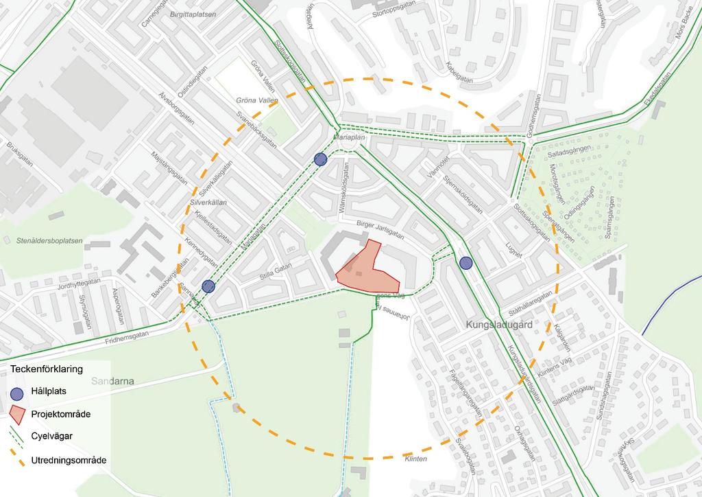 Lägesbedömning (analyssteg 2) Utredningsområde Samlad karta. Illustration av projektområde, utredningsområde samt funktioner som bidrar till bedömningen av områdets sammanvägda tillgänglighet.