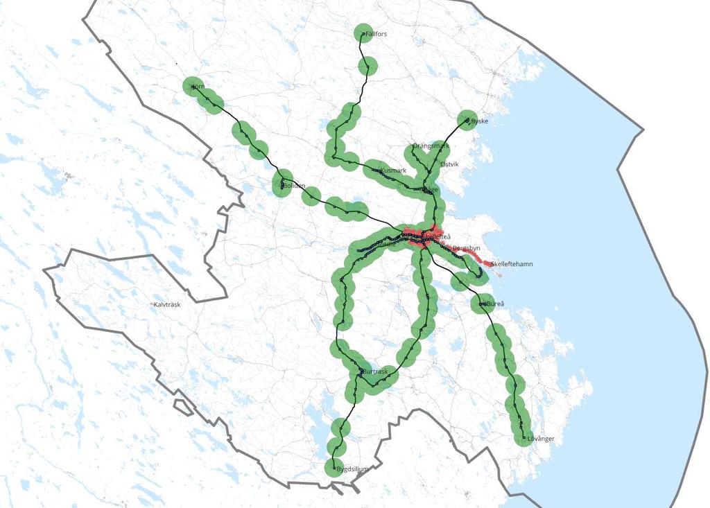 Karta över hållplatser och omland utifrån avstånd till hållplats (nya linjenätet) Källa: Skellefteå kommun gator och parker Drift och underhåll Alla hållplatser måste byggas så att drift och