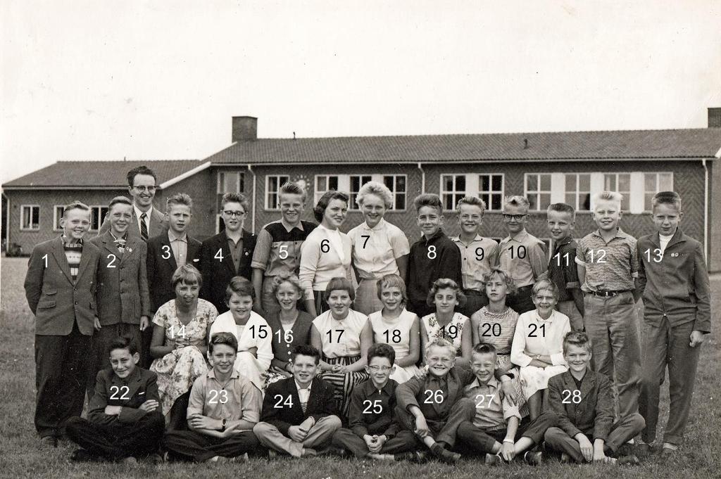 Våxtorp skola, klass 7, 1959 1 = Ingvar Eriksson 2 = Lars Larsson 3 = Leif Forsberg 4 = Krister Eriksson 5 = Tore Svensson 6 = Inger Karlsson 7 = Siv Johansson 8 = Berne Johansson 9 = Sune Pettersson