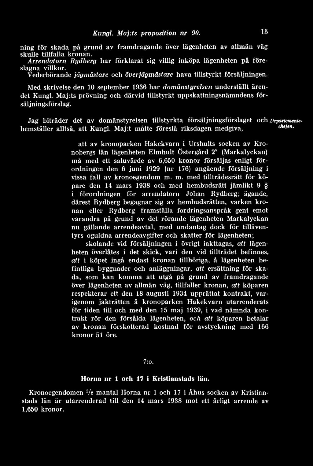 Med skrivelse den 10 september 1936 har domänstyrelsen underställt ärendet Kungl. Maj :ts prövning och därvid tillstyrkt uppskattningsnämndens försäljningsförslag.