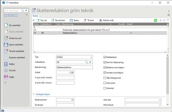 4. För att underlätta hanteringen vid orderradsregistrering kan följande Set-artikel registreras i rutin 711 Set-artiklar. Radnummer Typ 5 Textrad.