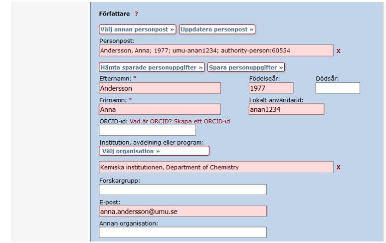 Sid 7 (19) Fyll i uppgifter Du ska nu fylla i uppgifter om kappan och din disputation. Författare Klicka på Koppla personpost och sök på ditt Umu-id. Välj din personpost*.