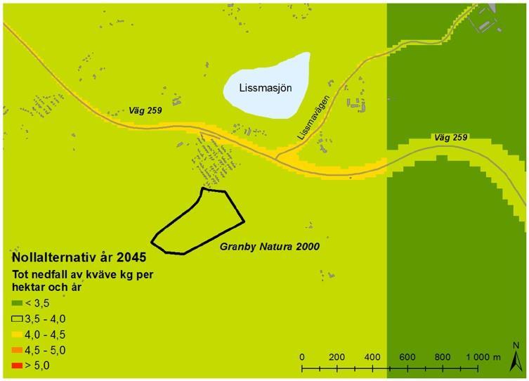 4.2 Kvävedeposition i nollalternativet För nollalternativet beräknas det totala nedfallet av kväve inom Granby Natura 2000 område till 3.8 kg/ha per år (Figur 9). 4.3 Figur 9.