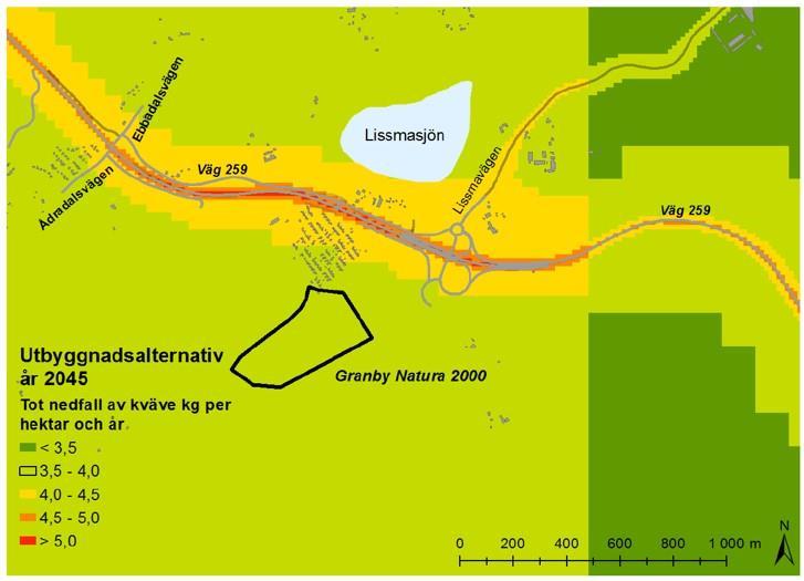 Kvävedeposition med tvärförbindelsen Med tvärförbindelsen beräknas det totala kvävedeposition i Granby Natura 2000 område ligga mellan 3.8-3.