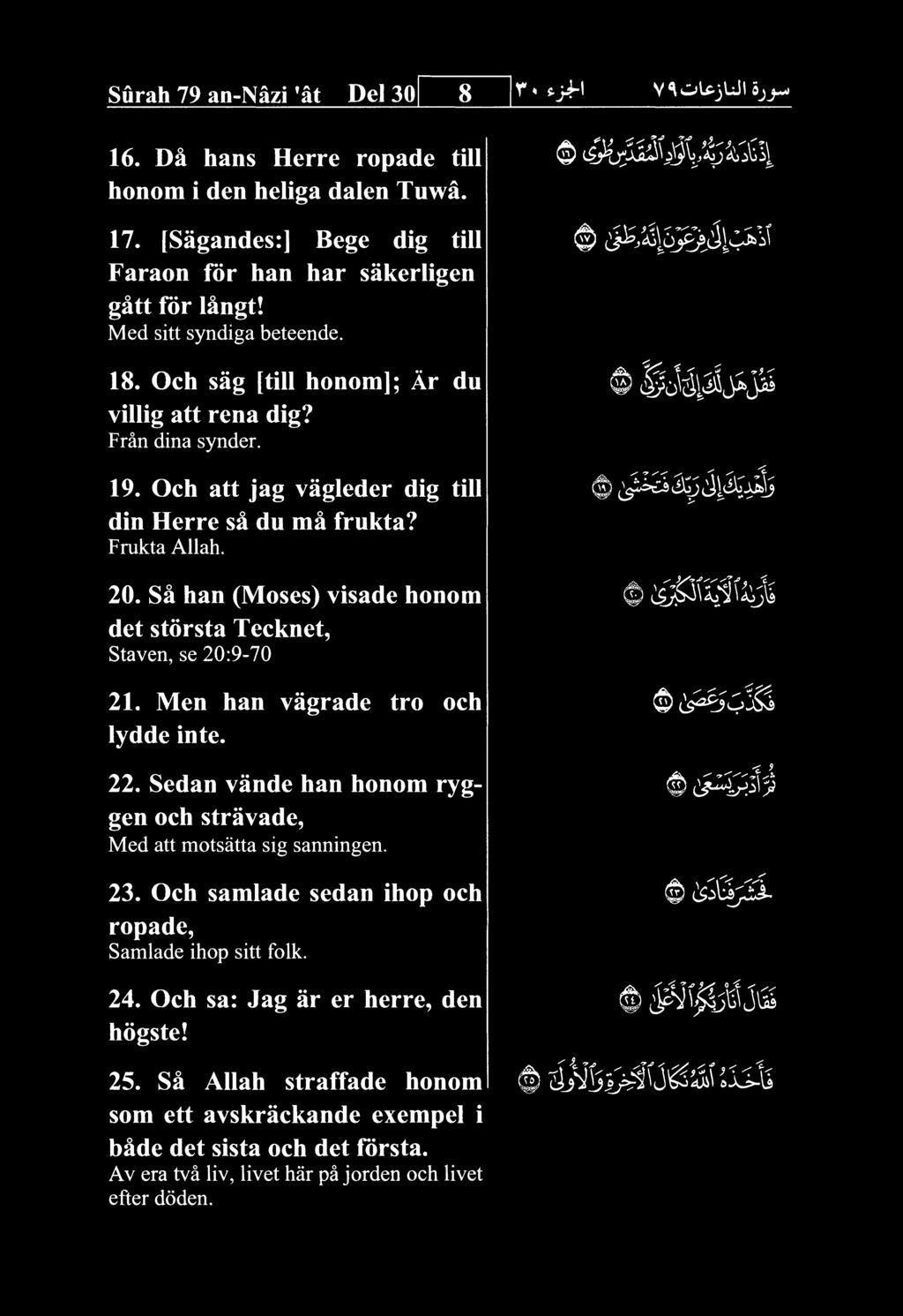 Surah 79 an-nazi ^at Del 30 8 16. Da bans Herre ropade till honom i den heliga dalen Tuwa. 17. [Sagandes:] Bege dig till Faraon for ban bar sakerligen gatt for langt! Med sitt syndiga beteende. 18.