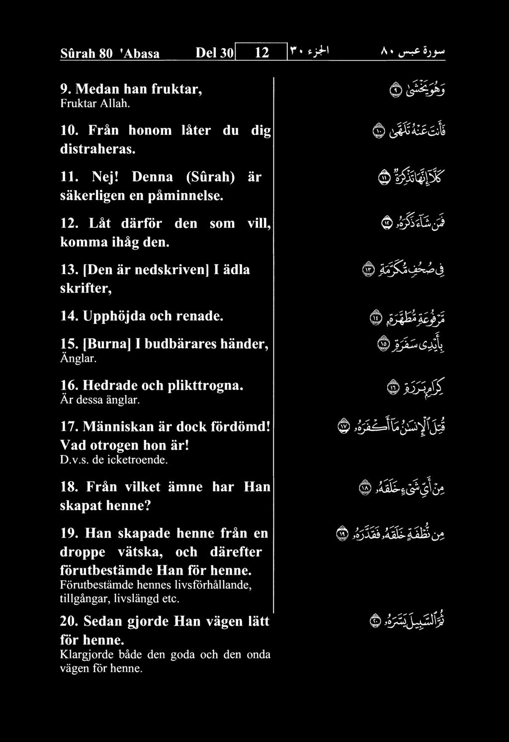 Surah 80 'Abasa Del 30 12 9. Medan han fruktar, Fruktar Allah. 10. Fran honom later du dig distraheras. 11. Nej! Denna (Surah) ar sakerligen en paminnelse. 12. Lat darfor den som vill, komma ihag den.