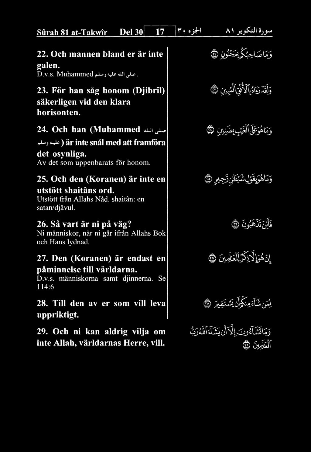 Utstott fran Allahs Nad. shaitan: en satan/djavul. 26. Sa vart ar ni pa vag? Ni manniskor, nar ni gar ifran Allahs Bok och Hans lydnad. 27.