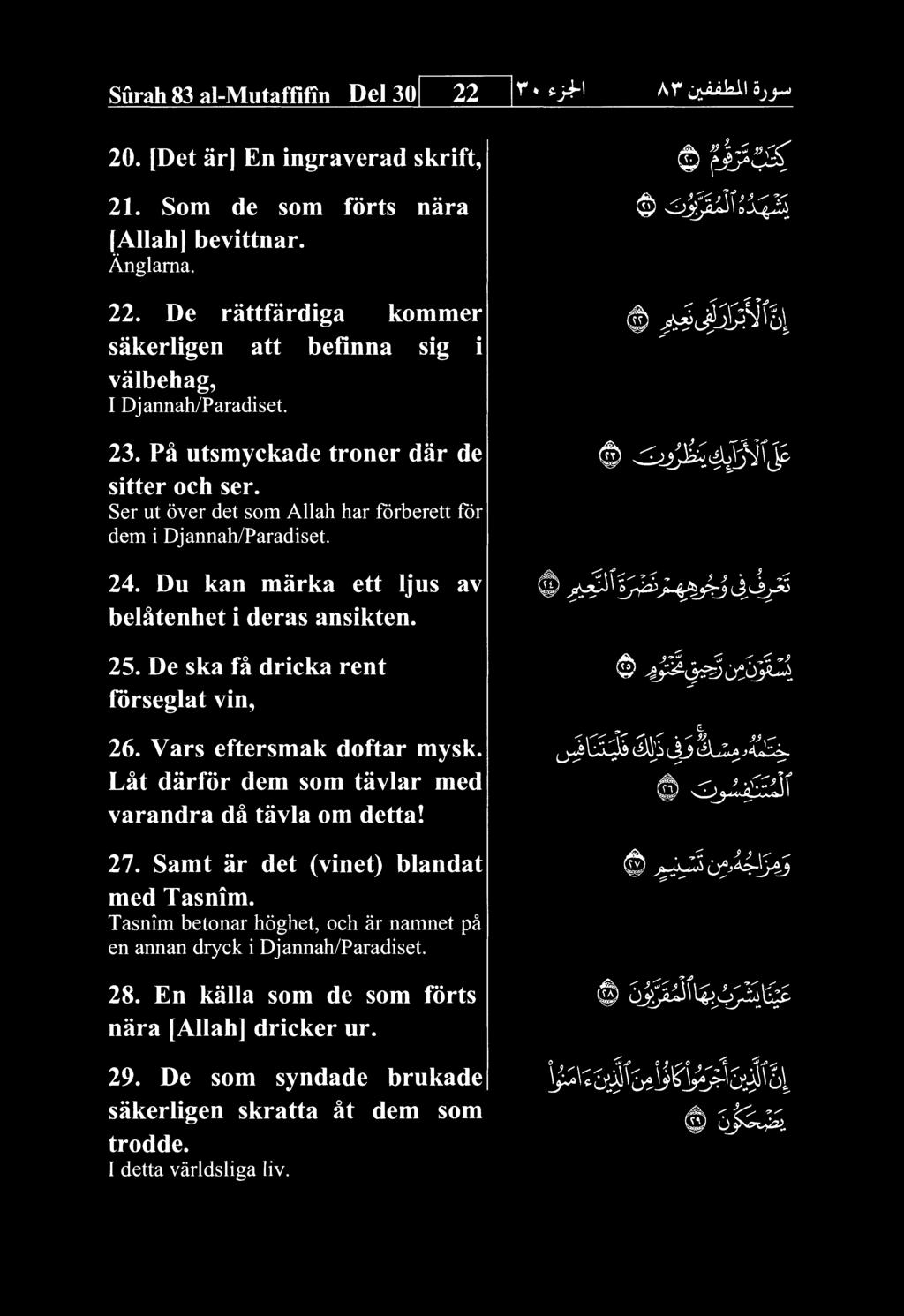 De ska fa dricka rent forseglat vin, 26. Vars eftersmak doftar mysk. Lkt darfor dem som tavlar med varandra da tavla om detta! 27. Samt ar det (vinet) blandat med Tasnim.