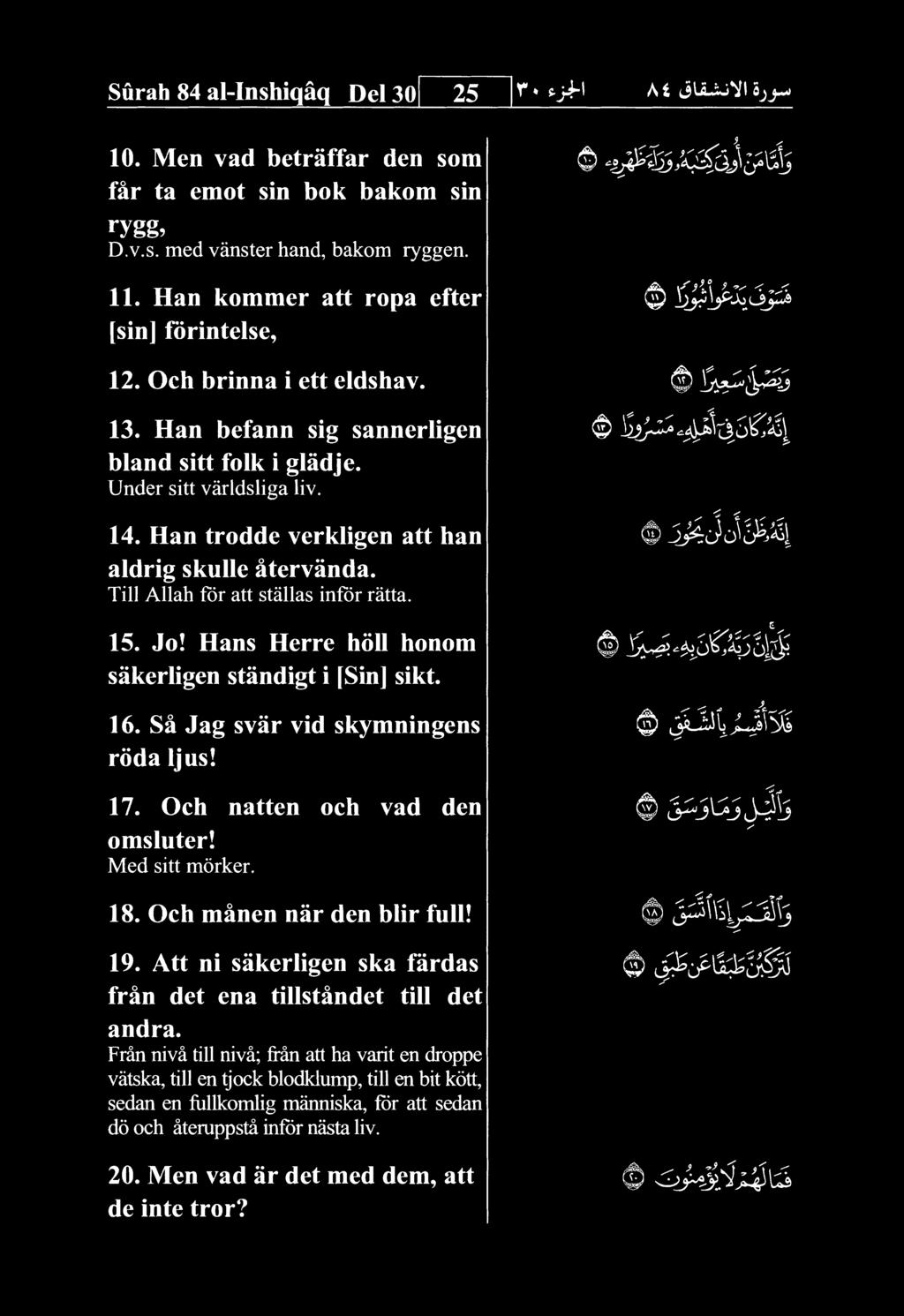 At Surah 84 al-inshiqaq Del 30 25 Sjj^ 10. Men vad betraffar den som far ta emot sin bok bakom sin D.v.s. med vanster hand, bakom ryggen. 11. Han kommer att ropa efter [sin] fdrintelse, 12.