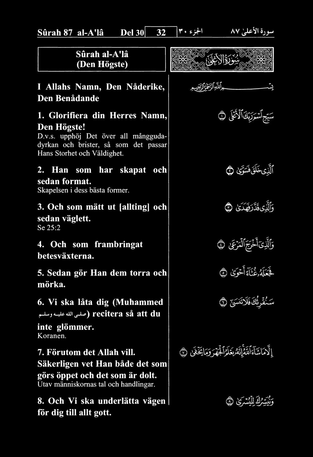 Sedan gor Han dem torra och morka. 0 ^^^k 0 c^>'si>/ai4 6. Vi ska lata dig (Muhammed ^j4-juiaji^) recitera sa att du inte Koranen. glommer. 7.