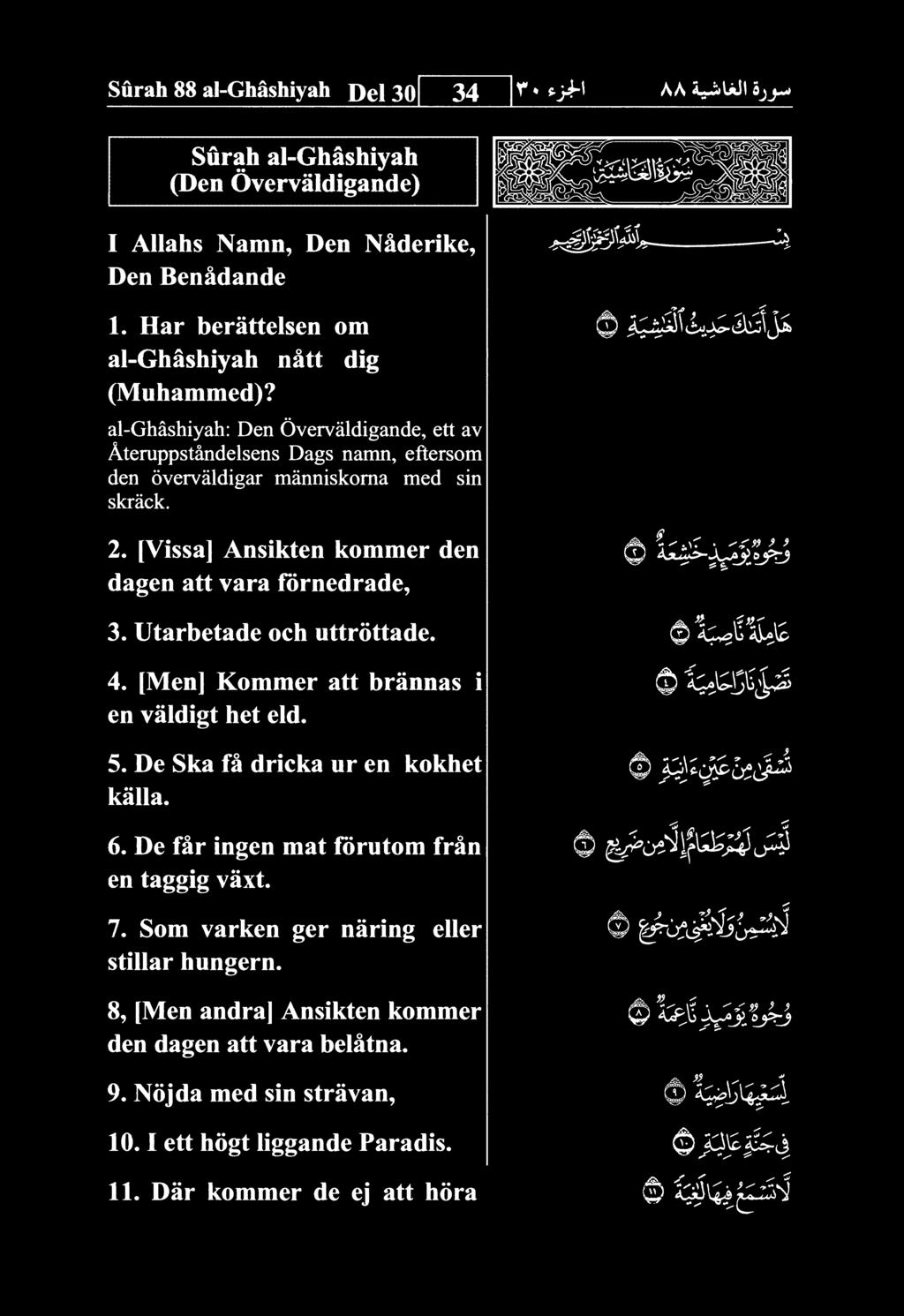 Surah 88 al-ghashiyah Del 30 34 Surah al-ghashiyah (Den dvervaldigande) I AUahs Namn, Den NMerike, Den Benadande 1. Har berattelsen om al-ghashiyah natt dig (Muhammed)?