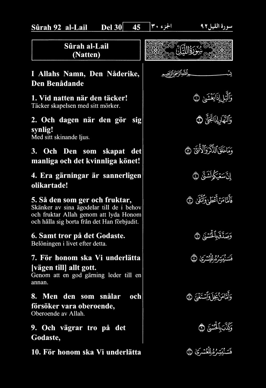 Surah 92 al-lail Del 30 45 Surah al-lail (Natten) I Allahs Namn, Den Naderike, Den Benadande 1. Vid natten nar den tacker! Tacker skapelsen med sitt morker. 0 2. Och dagen nar den gor sig synlig!