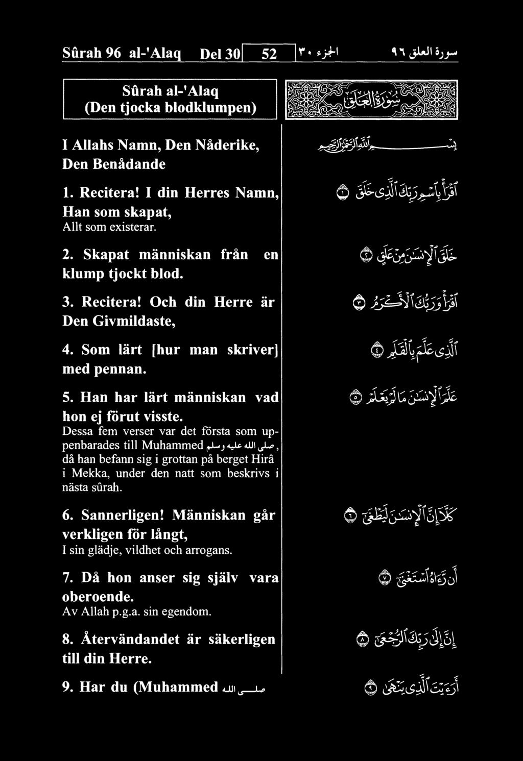 Surah 96 al-'alaq Del 30 52 Surah al-'alaq (Den tjocka blodklumpen) I AUahs Namn, Den NSderike, Den Ben^dande L Recitera! I din Herres Namn, Han som skapat, 0 Allt som existerar. 2.