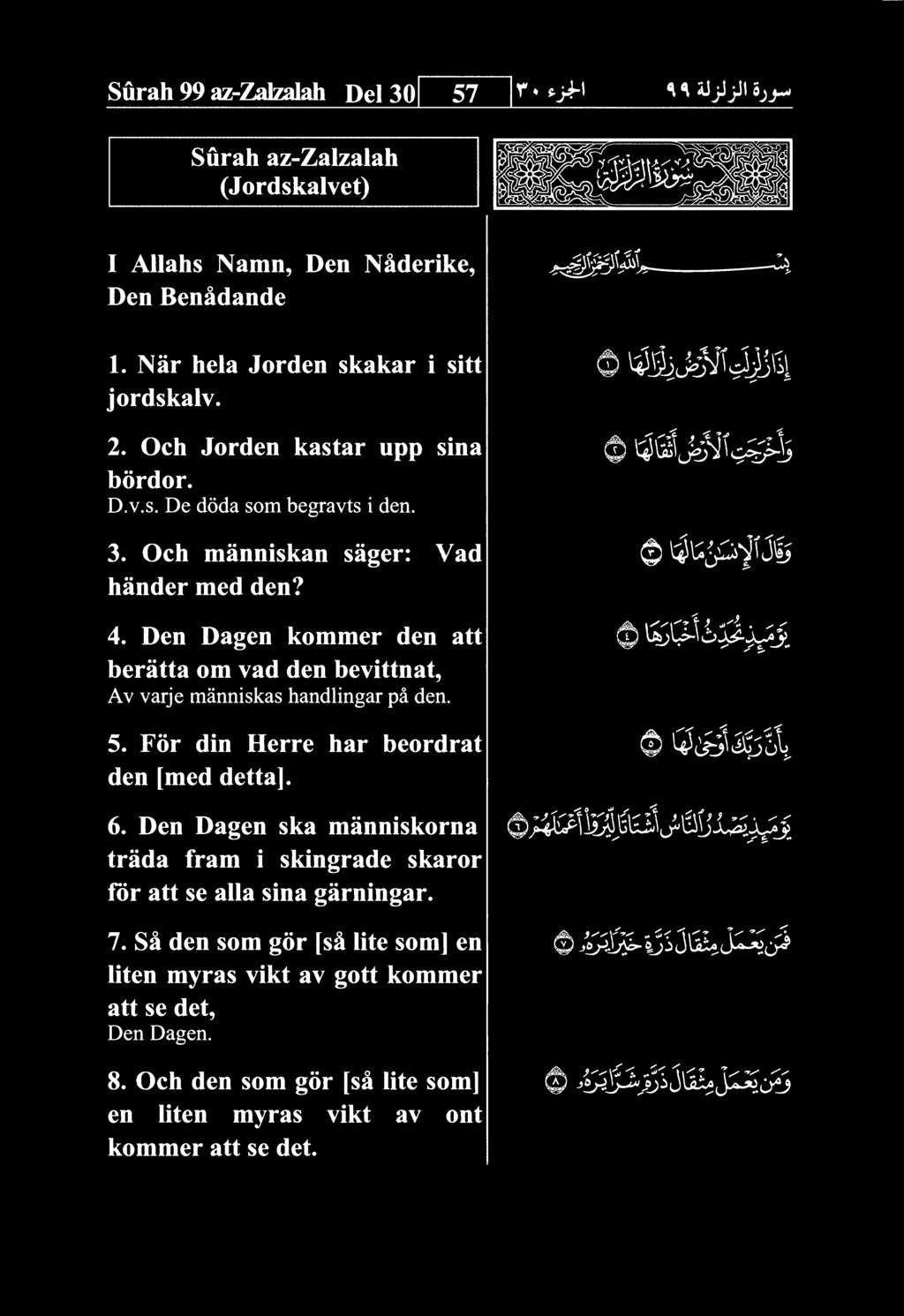 Surah 99 az-zalzalah Del 30 57 Surah az-zalzalah (Jordskalvet) I AUahs Namn, Den N^derike, Den Ben^dande 1. Nar hela Jorden skakar i sitt jordskalv. 2. Och Jorden kastar upp sina border. D.v.s. De doda som begravts i den.