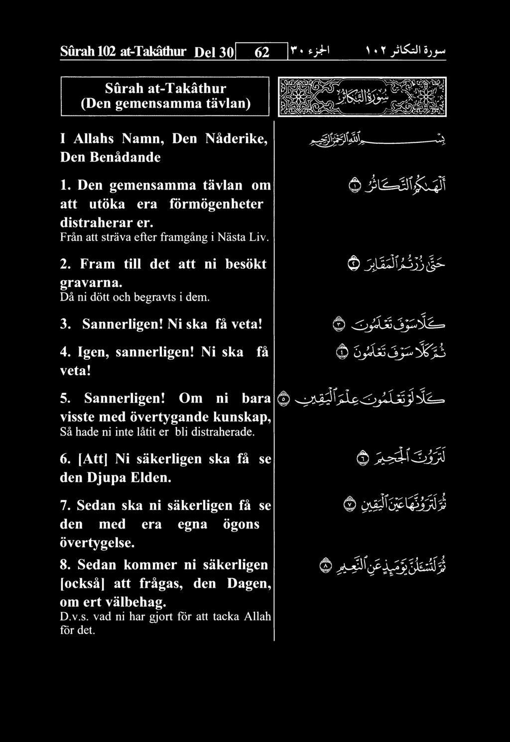 Surah 1Q2 at-takatfaur Del 30 62 Surah at-takathur (Den gemensamma tavlan) I AUahs Namn, Den Naderike, Den Benadande 1. Den gemensamma tavlan om att utoka era formogenheter distraherar er.