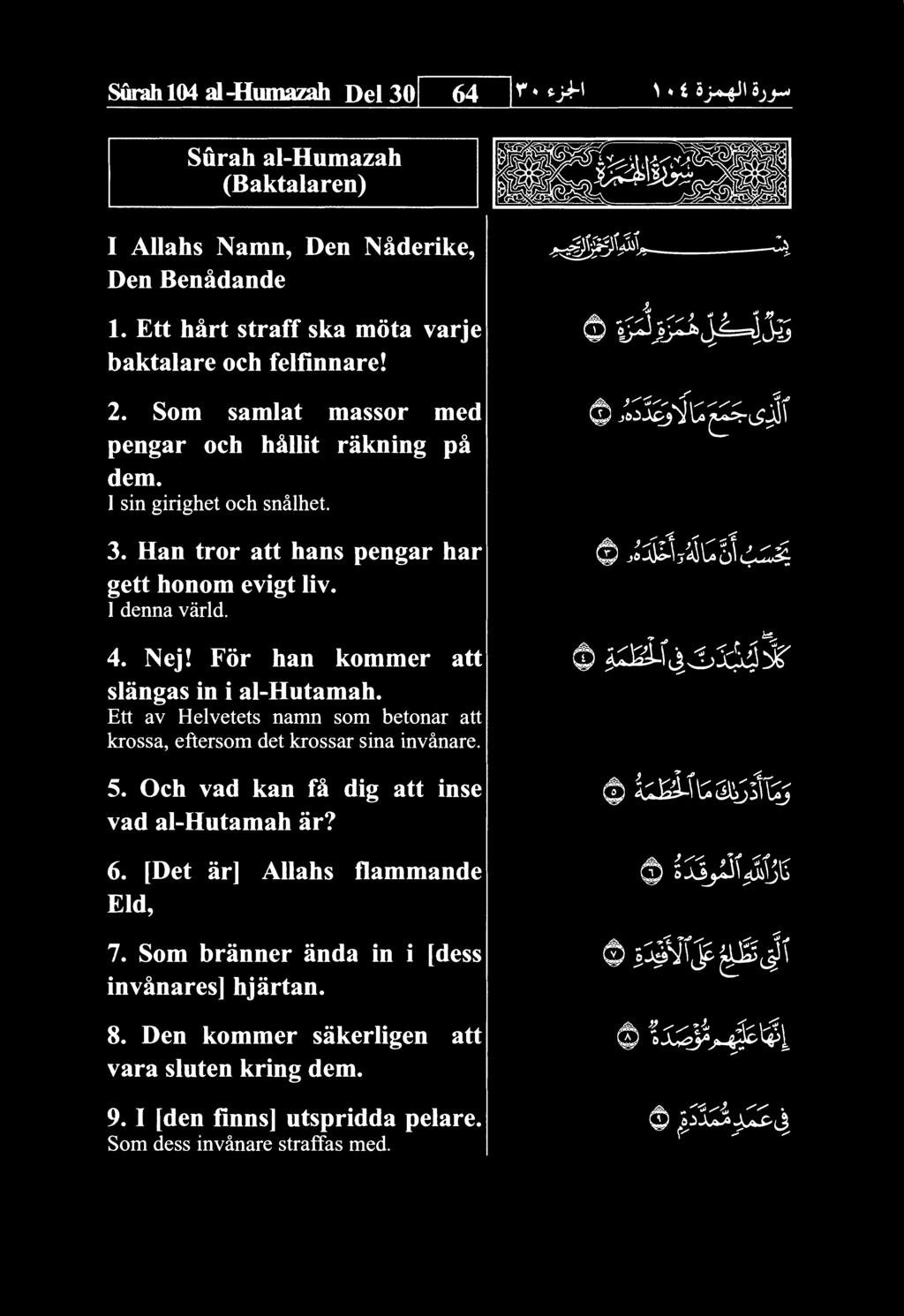 For han kommer att slangas in i al-hutamah. Ett av Helvetets namn som betonar att krossa, eftersom det krossar sina invanare. 5. Och vad kan fk dig att inse vad al-hutamah ar? 6.