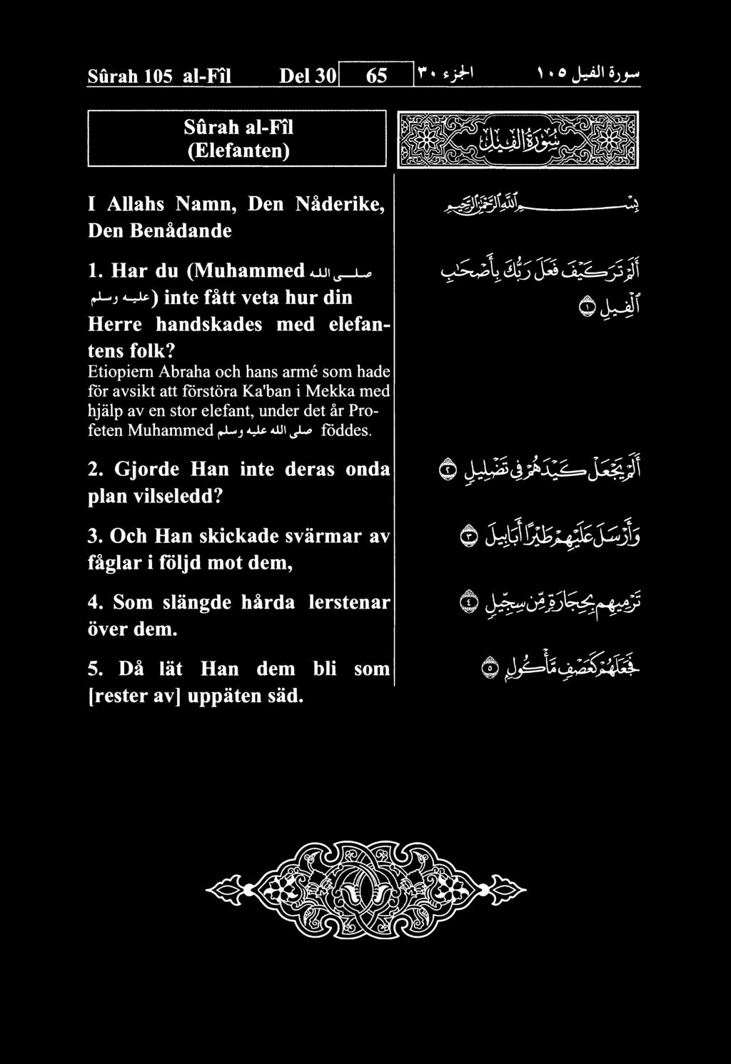 Surah 105 al-ftl Del 30 65 ^^i^' > 0 J_iJt 5jj_j Surah al-ftl (Elefanten) I Allahs Namn, Den NMerike, Den Ben^dande 1. Har du (Muhammeduji,^.