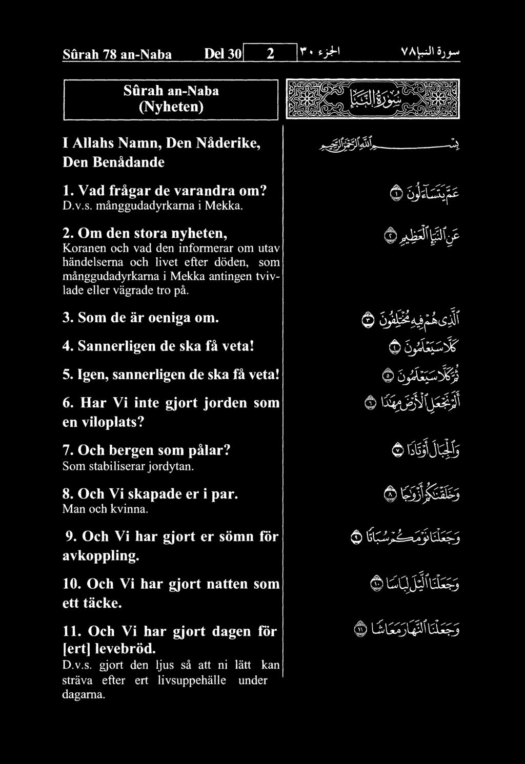 Surah 78 an-naba Del 30 VAUi ojj^ Surah an-naba (Nyheten) I AUahs Namn, Den Naderike, Den Benadande 1. Vad fragar de varandra om? D.v.s. manggudadyrkama i Mekka. 2.