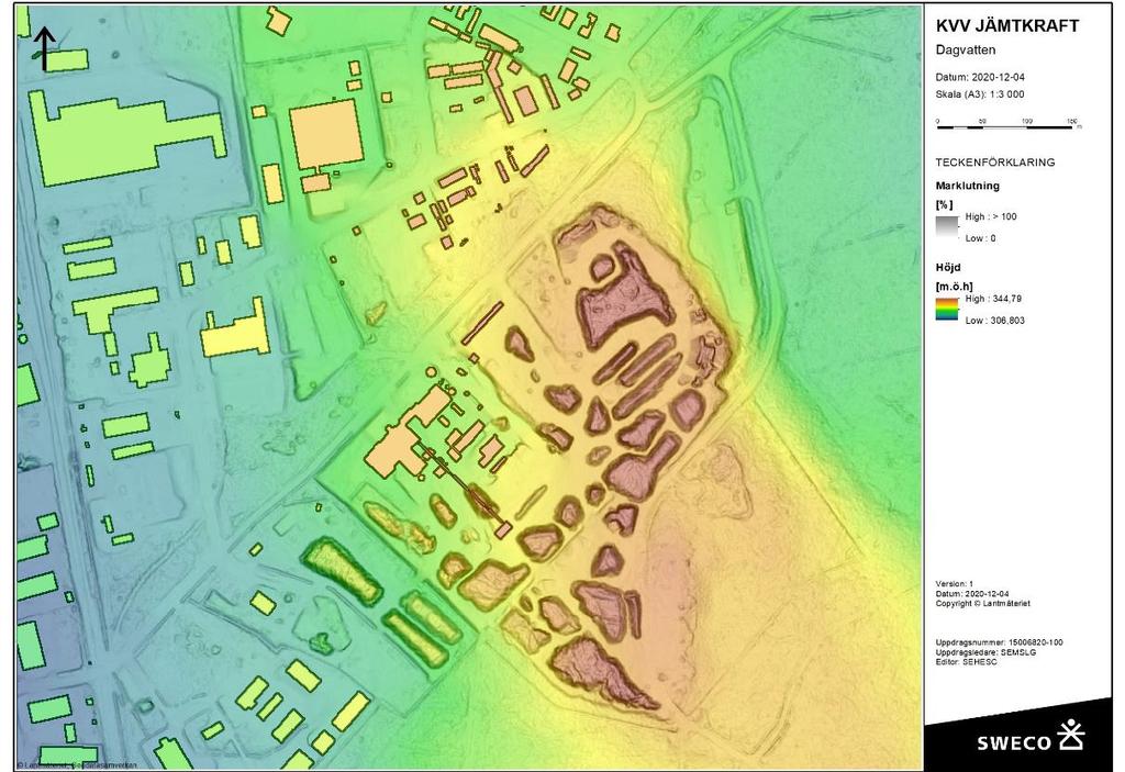Figur 3. Höjddata med marklutning I Figur 3 redovisas de ytor som är hårdgjorda, både med asfalt och med flygaska.