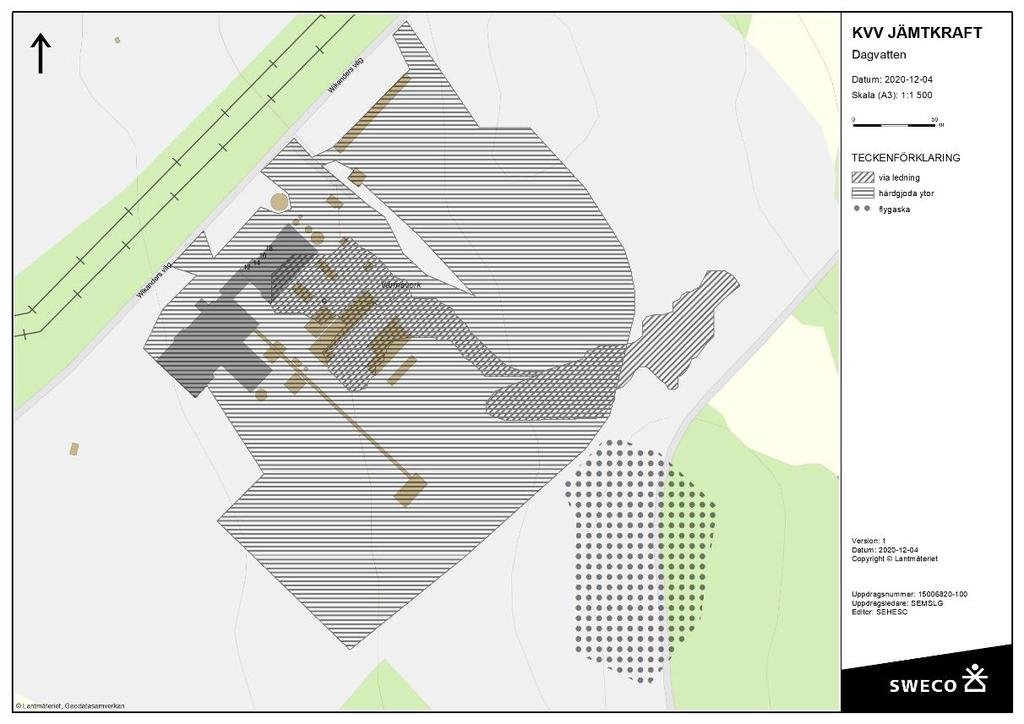Figur 4. Asfalterade ytor samt området som hårdgjorts med flygaska. 2.2.2 Fortsatt avrinning till recipienten potentiella flaskhalsar Fyra olika huvudavrinningsvägar har identifierats: 1.