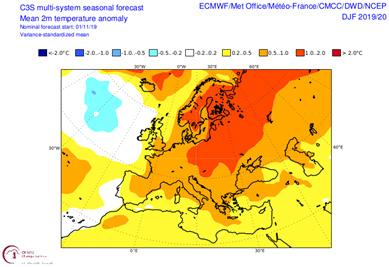 För sommarmånaderna JJA gäller följande anomaliprognos. Bilden ser väldigt likartad ut vårmånaderna utom att det blir lite torrare än normalt över Centraleuropa.